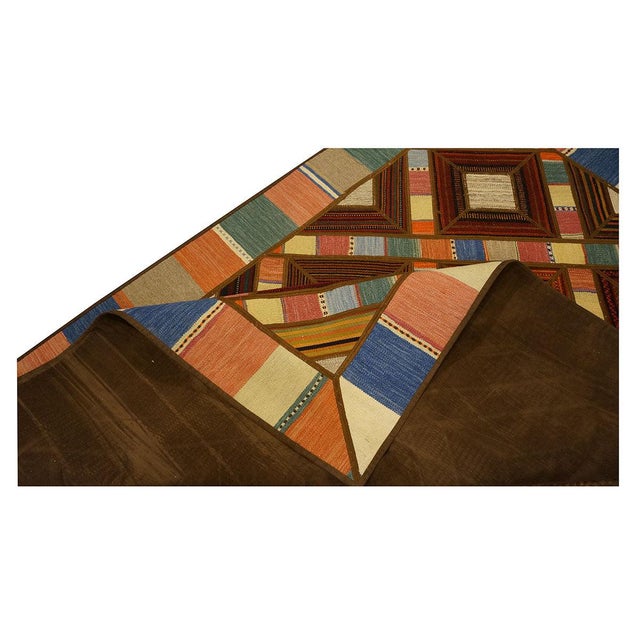 Turkish Retro Kilim Flatweave Wool 5x7 Brown, Blue, Green & Orange Handmade Area Rug #1142020 For Sale - Image 4 of 4