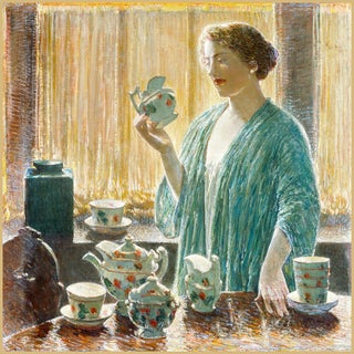1912 Vintage Tea Set Art Print, American Impressionist Woman Portrait by Childe Hassam - 20" X 20" For Sale
