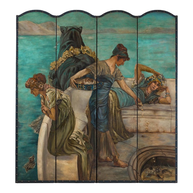 Classical 4-Panel Scalloped Screen with Hand-Painted Maidens and Coastal Scene For Sale
