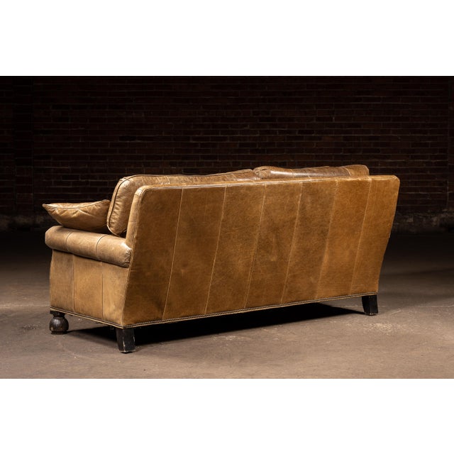 Mid 20th Century Mid 20th Century Distressed Leather Nailhead Sofa in Tan With Turned Bun Feet For Sale - Image 5 of 12