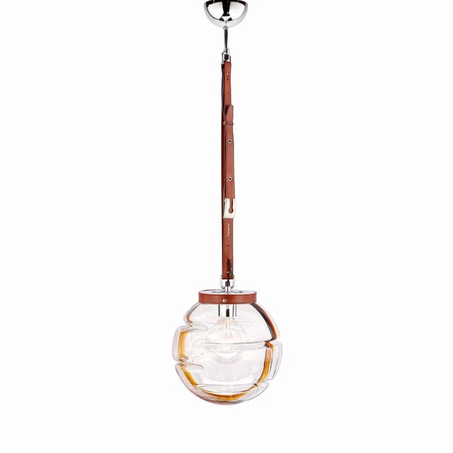 Mid-Century Modern Italian Globe Pendant Lamp in Murano Glass and Leather by Ludovico Diaz De Sentillana for Targetti, 1960s For Sale - Image 3 of 10