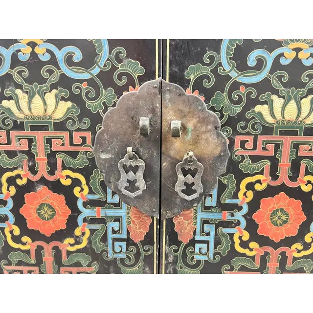 Vintage Asian Black Lacquered Cabinet or Chest With Hand-Painted Floral Motif For Sale - Image 12 of 14
