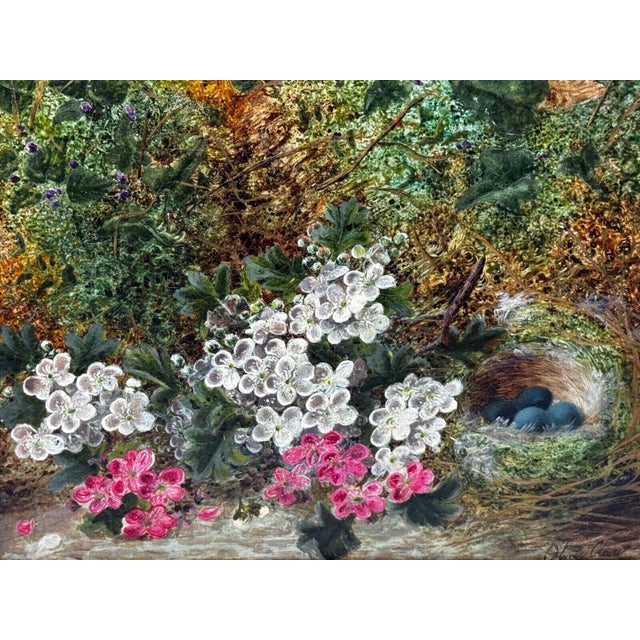 Victorian Oliver Clare Victorian Floral Still Life Oil Painting With Bird’s Nest & Blue Eggs c.1880–1890 For Sale - Image 3 of 18