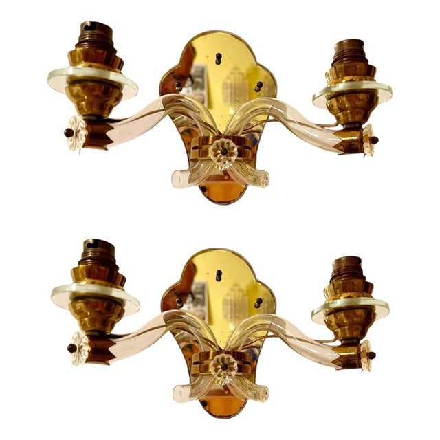 Art Deco French Crystal & Mirror Wall Sconces form Maison Baguès, Paris, 1945, Set of 2 For Sale