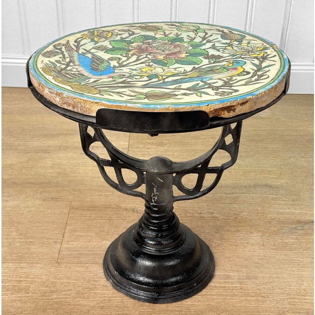 Persian Antique Arts & Crafts Floral Birds of Paradise Glazed Round Garden Table For Sale - Image 3 of 10