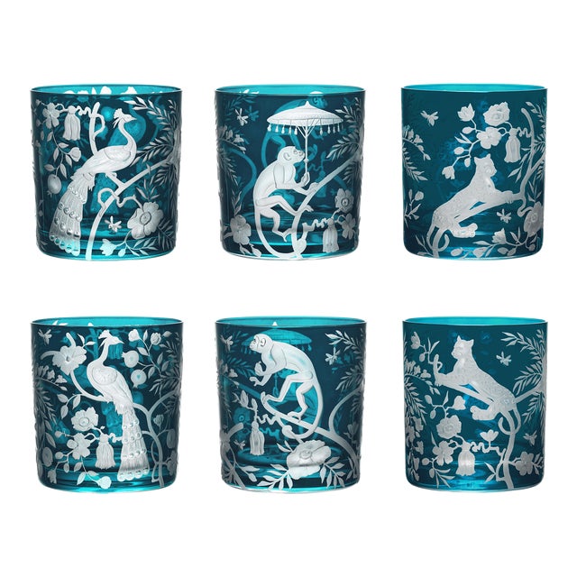 ARTEL Chinoiserie Collection Double Old Fashioned Glasses in Peacock, Set of 6 For Sale