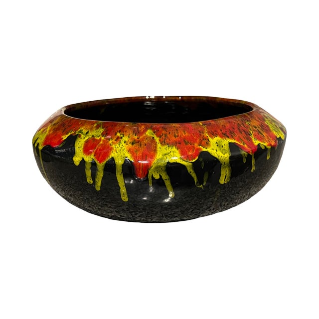 Vintage Mid Century Modern 1960s Studio Pottery Ceramic Vase Large Bowl Catch All Planter Drip Lava Fire Glaze For Sale - Image 4 of 6