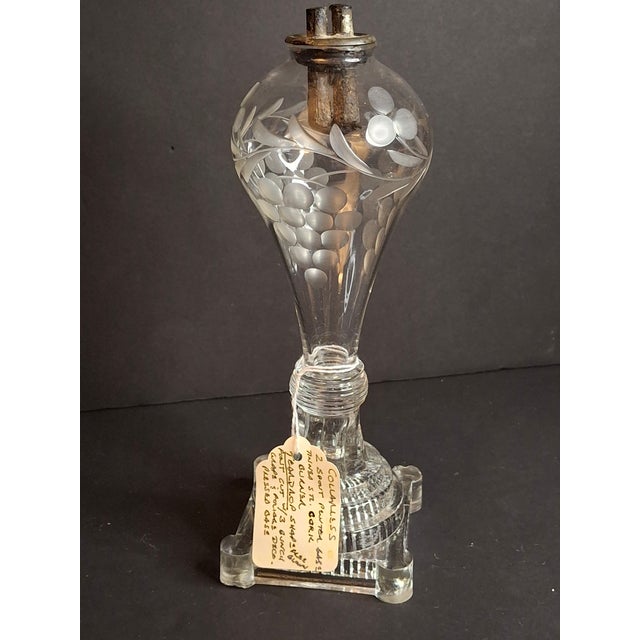 Rare Antique Boston & Sandwich Engraved Glass Whale Oil Lamp "Patent" Cork Burner c.1835 For Sale In Boston - Image 6 of 18