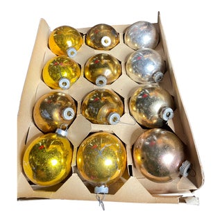 Mid Century Modern Gold and Silver Shiny Brite Mercury Glass Christmas Ornaments- Set of 12 For Sale