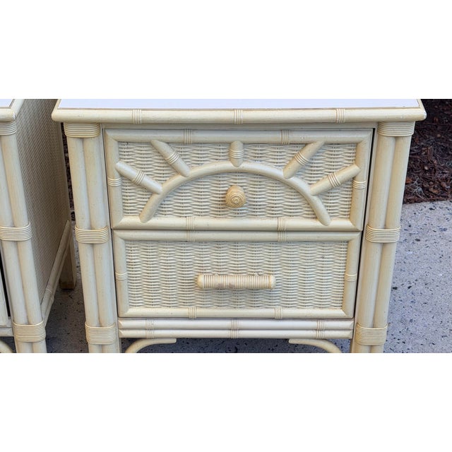 1970s Pair of Faux Bamboo Woven Rattan Nightstands For Sale - Image 5 of 12
