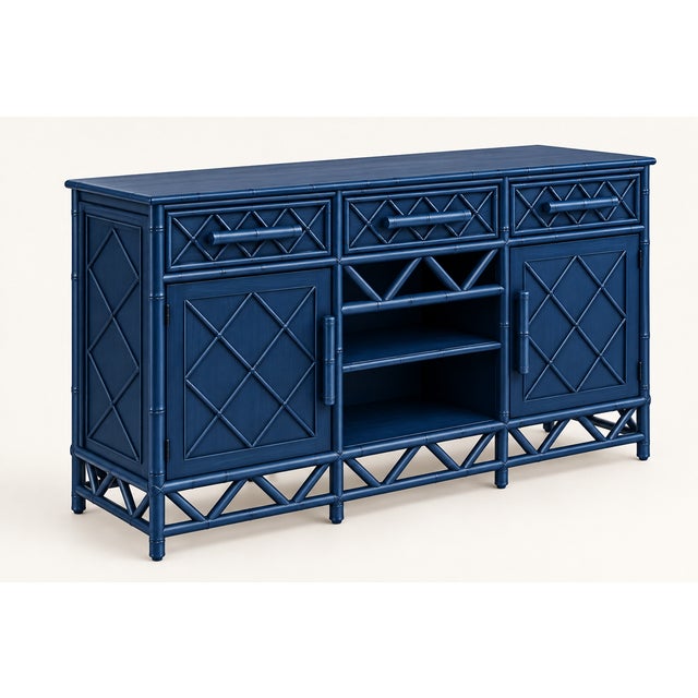 A distinctive wood sideboard presented in a rich navy finish with decorative lattice detailing. Three drawers, two...