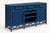 A distinctive wood sideboard presented in a rich navy finish with decorative lattice detailing. Three drawers, two...