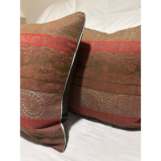 Antique Woven Paisley Kashmir Square Pillows with small soft green flat trim all around. And Vintage hunter green wool...
