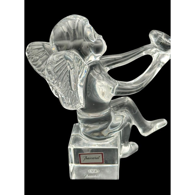 Mid-Century Modern Baccarat Crystal Cherub Figurine on Block Base – Signed – Angel With Trumpet (4.5") For Sale - Image 3 of 8