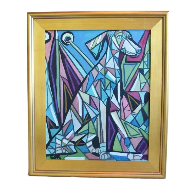 Wood Contemporary Modern Listed Artist Cubism Dog Painting W/ Antiqued Gold Wood Frame For Sale - Image 7 of 9