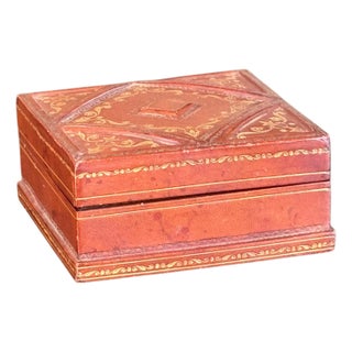 1950s Brown Leather Box With Gilt Decoration For Sale
