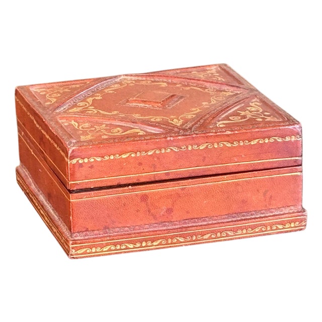 1950s Brown Leather Box With Gilt Decoration For Sale
