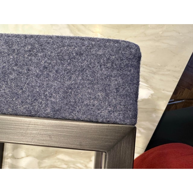 Pair of Desiron Blue Upholstered Stools With Steel Base For Sale In New York - Image 6 of 11