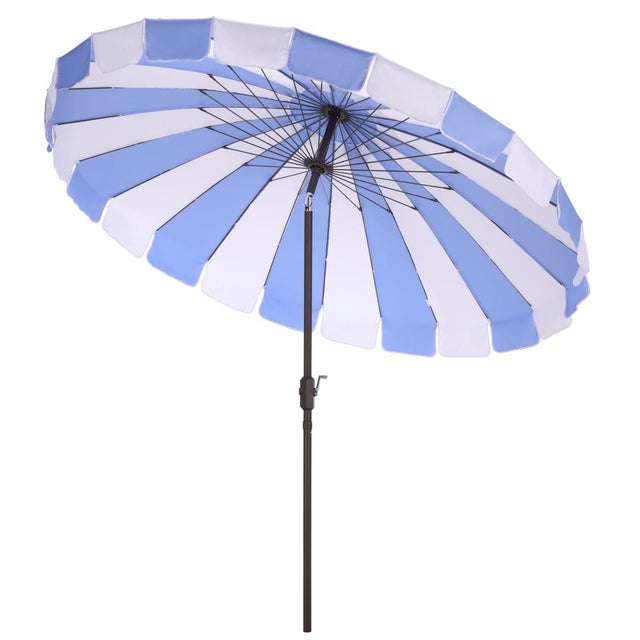 Metal Buti 9 Ft Crank Umbrella, Baby Blue Cabana Stripe/Brown Pole For Sale - Image 7 of 9