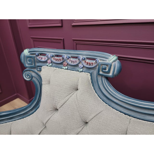 1970s 1970s French Provincial Living Room Set | Hand Carved Baroque Sofa & Armchairs | Blue and Rose Gold Ornate Tufted 4-Piece Set For Sale - Image 5 of 18
