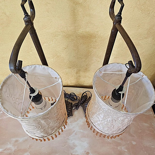 Vintage Bridge Arm Table Lamps With Beaded Shades - Pair For Sale - Image 9 of 18