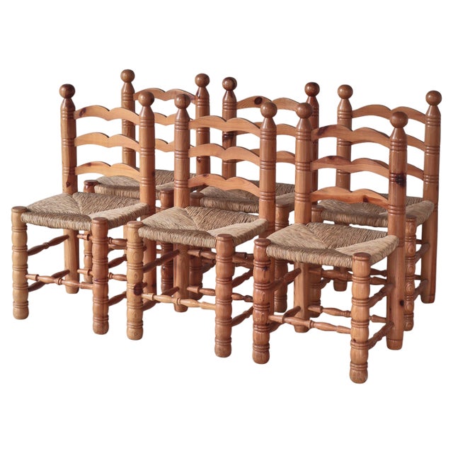 Vintage Swedish Dining Chairs in Seagrass and Pinewood, 1970s, Set of 6 For Sale