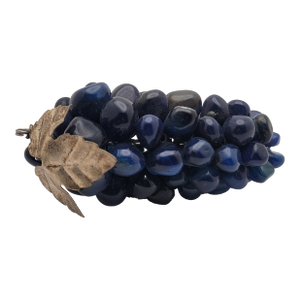 Vintage Blue Agate Stone Grape Cluster With Silver Plate Leaf Decor