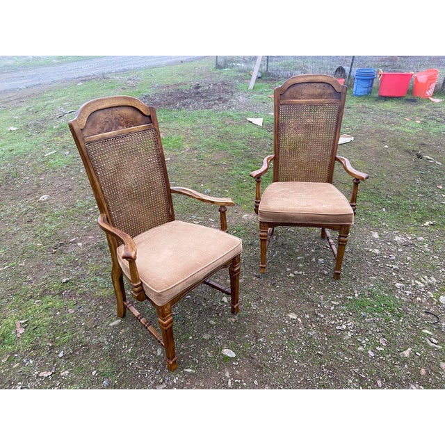 Vintage Mid Century Modern Walnut/Cane High Back Dining Armchairs Set of Two Needs New Upholstery For Sale - Image 10 of 12