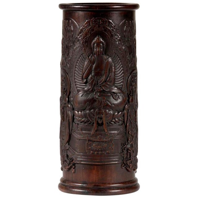 Brown Finely Carved Chinese Brush Holder Pot For Sale - Image 8 of 16