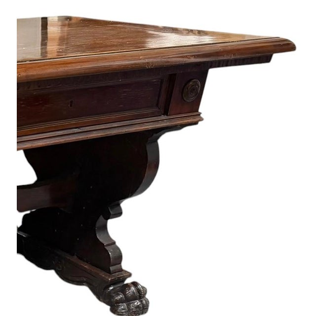 Brown Antique Italian Carved Walnut Trestle Library Dining or Writing Table - Paw Feet For Sale - Image 8 of 15