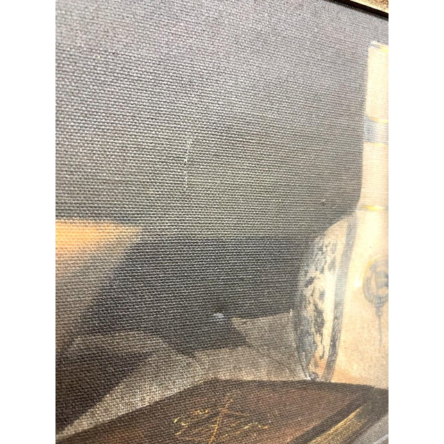 Brown Vintage Still Life Painting With Bottle, Book, Pipe - Signed by Cannon For Sale - Image 8 of 10