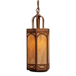 Mid 20th Century Mediterranean Bronze Tone Faux Alabaster Lantern Pendant For Sale