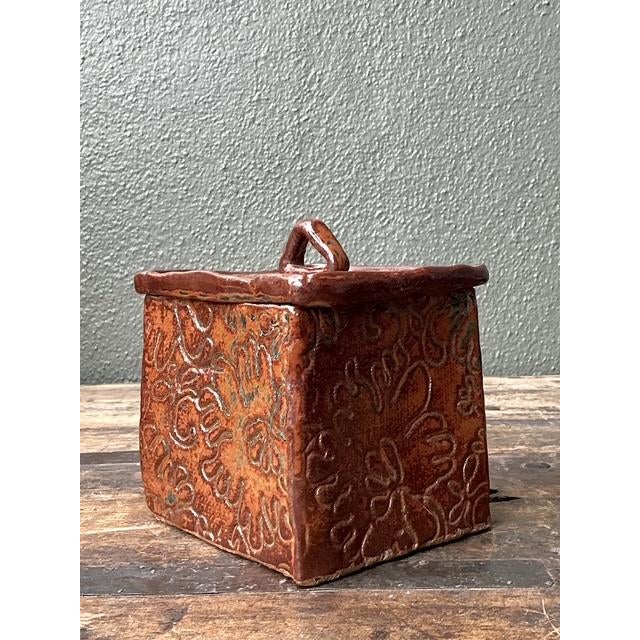 Brown Vintage Aboriginal Studio Pottery Lidded Floral Box For Sale - Image 8 of 12
