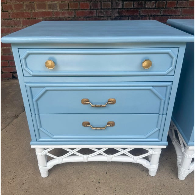Vintage Palm Beach Regency Ficks Reed Attributed Faux Bamboo Rattan Nightstands - Newly Painted - A Pair For Sale - Image 11 of 11