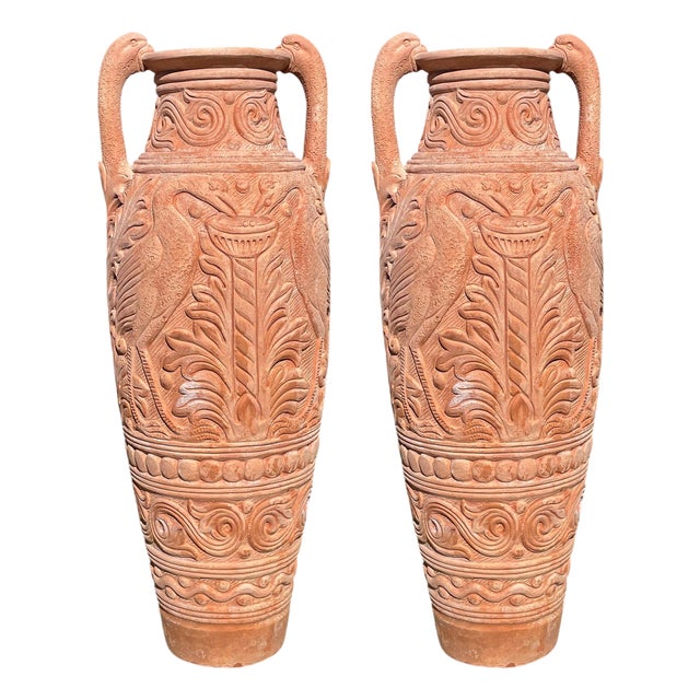 Impruneta Terracotta Amphoras with Swans, 20th Century, Set of 2 For Sale