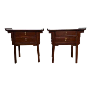 Early 20th Century Pair of Antique Chinoiserie Altar Style Rosewood Side Tables With Brass Hardware