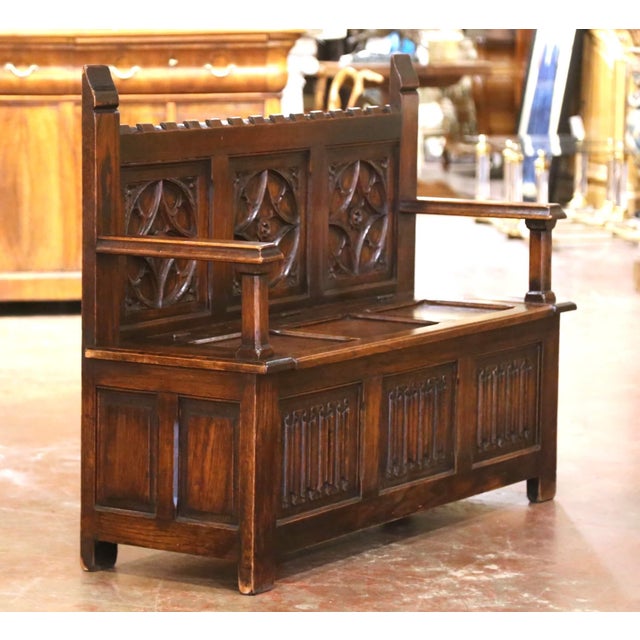 Early 20th Century French Gothic Revival Carved Oak Hall Bench With Storage For Sale - Image 4 of 9