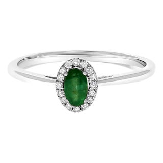 10K White Gold 5X3MM Oval Green Emerald and Diamond Accent Halo Ring (I-J Color, I1-I2 Clarity) - Ring Size 5 For Sale