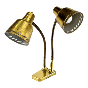 Mid-Century Brass Double Gooseneck Desk Lamp With Perforated Shades
