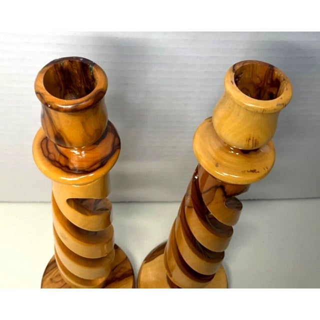 1990s Vintage MCM Holy Land Olive Wood Spiral Pilar Candlesticks Holders-Pair For Sale - Image 5 of 7