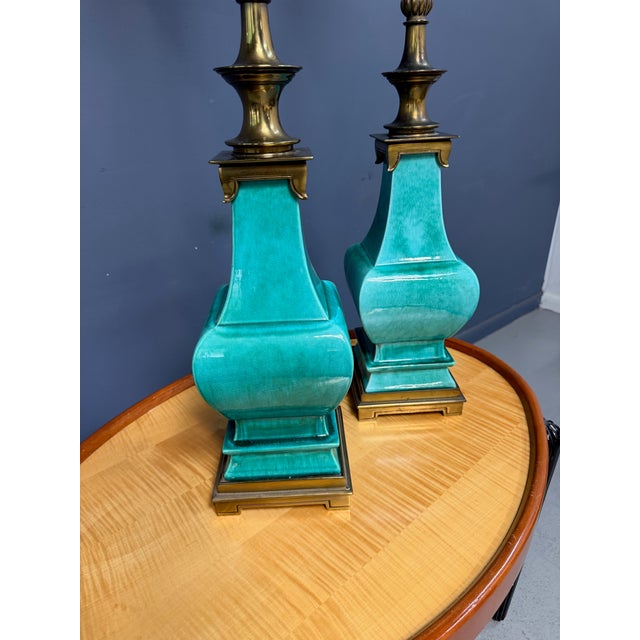 Edwin Cole 1950s Pair of Ceramic and Brass Table Lamps by Edwin Cole for Stiffel Mid Century For Sale - Image 4 of 17