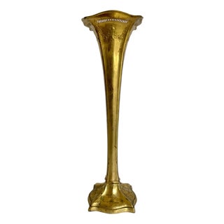 Antique Art Nouveau Gilt Metal Trumpet Altar Vase With Floral Relief For Sale