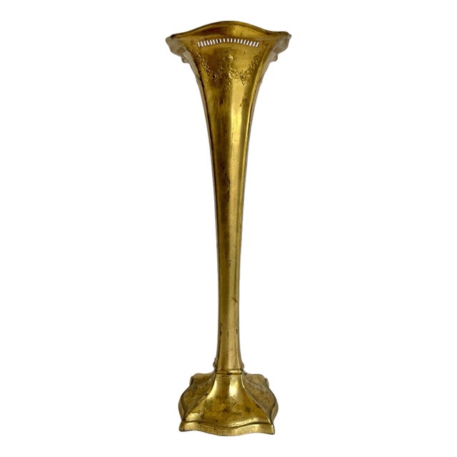 Antique Art Nouveau Gilt Metal Trumpet Altar Vase With Floral Relief For Sale