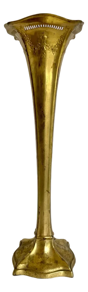 Antique Art Nouveau Gilt Metal Trumpet Altar Vase With Floral Relief
