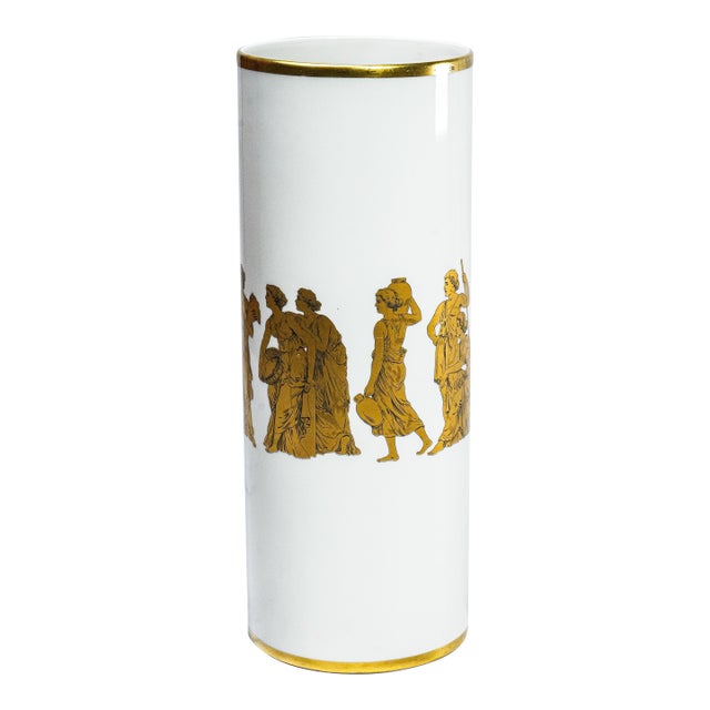 Nice Cylinder Antique Neoclassical Porcelain Gold White Vase Gerold Porzellan Bavaria West Germany For Sale