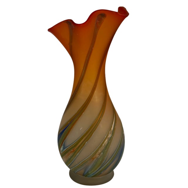 Dale Chihuly Zareh Orange Art Glass Fazzoletto Vase With Green Blue Swirl For Sale - Image 4 of 18