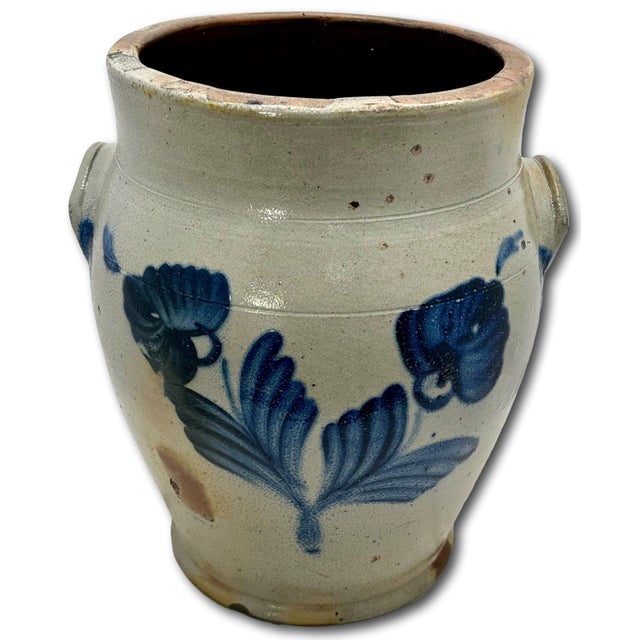 Outstanding Large 3 Gallon Size Antique American Stoneware Jar With Extensive Blue Hand Decorated Features - Circa 1830s For Sale - Image 4 of 18