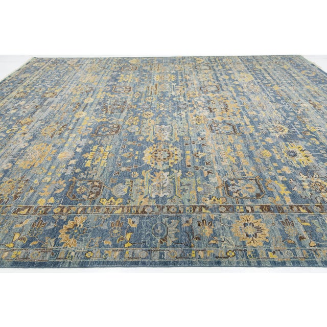 12x15 Hand-Knotted Modern Tabriz Style Wool Area Rug in Blue & Gold For Sale - Image 9 of 12