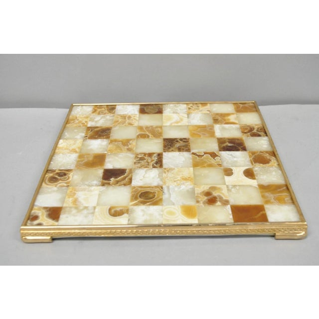 Vintage Italian Mid Century Modern Mosaic Brown Onyx Stone Chess Game Checkerboard in Gold Gilt Metal Frame by Paul's...