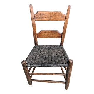 19th Century Early American Primitive Child's Ladderback Chair With Woven Leather Seat For Sale